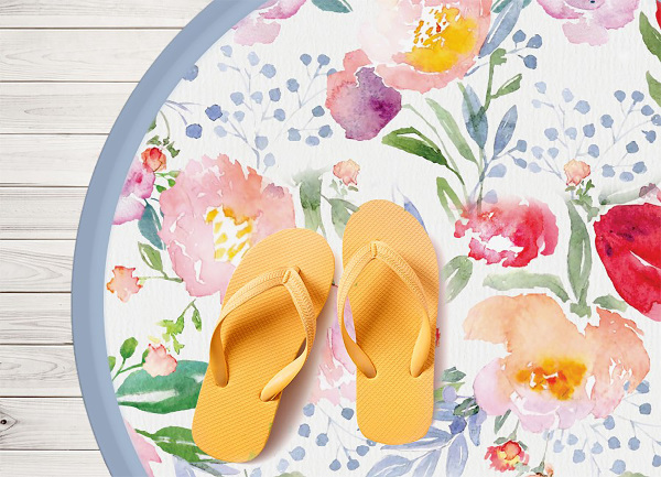 Tapete de vinil redondo para cozinha flores em aquarela